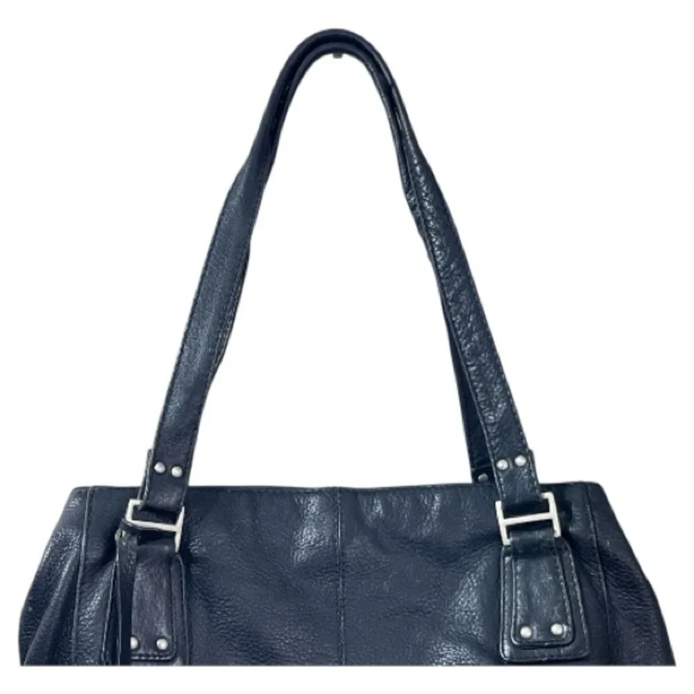YL New York London Black Leather Tote Bag Large Shoulder Handbag Silver Charm